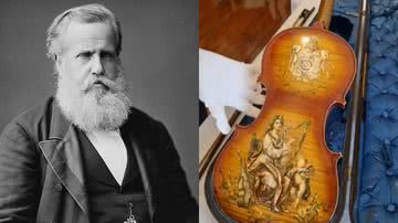 O imperador Dom Pedro II (à esqu.) e o antigo violino (à dir.) - Domínio público e Reprodução/Vídeo/Museu Imperial