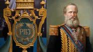 Detalhes do trono de Dom Pedro II (à esqu.) e o imperador (à dir.) - Reprodução/Vídeo/Museu Imperial