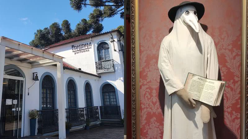 Fachada do museu e loja Fragram (esq.) e uma veste da Peste Negra exibida no local (dir.) - Reprodução / Isabelly de Lima