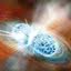 Ilustração de duas estrelas de nêutrons colidindo e fundindo
