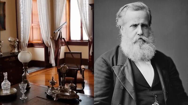 O antigo gabinete (à esqu.) e o imperador Dom Pedro II (à dir.) - Reprodução/Vídeo/Museu Imperial e Domínio público