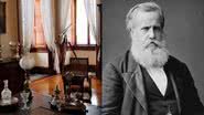 O antigo gabinete (à esqu.) e o imperador Dom Pedro II (à dir.) - Reprodução/Vídeo/Museu Imperial e Domínio público