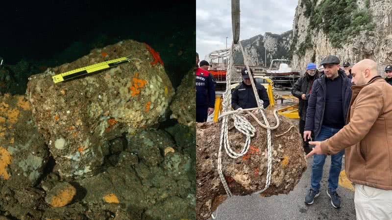 Bloco de pedra trabalhado submerso e depois de resgatado - Divulgação/Superintendência de Arqueologia, Belas Artes e Paisagem da Região Metropolitana de Nápoles