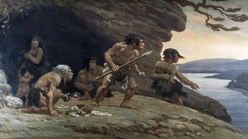 Ilustração representando neandertais (Homo neanderthalensis) em caverna - Domínio Público via Wikimedia Commons