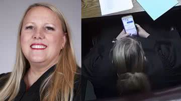 Montagem mostrando foto da juíza, e ela no tribunal mexendo no celular - Divulgação/ Governo dos EUA