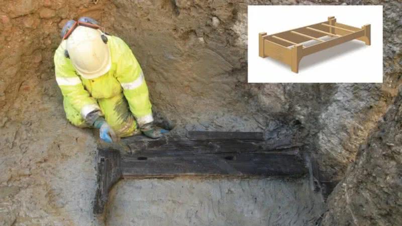 Arqueólogos encontrando cama funerária - Reprodução / MOLA