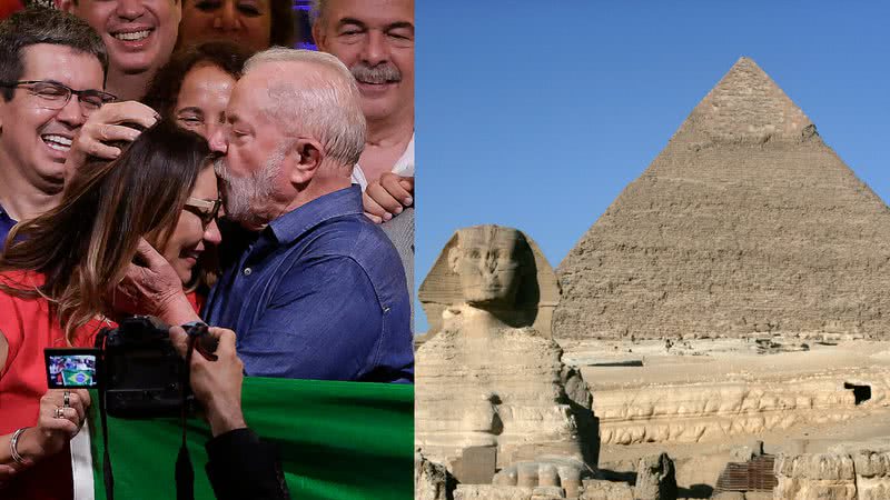 Fotografia do presidente Lula com a primeira-dama Janja, e uma das pirâmides de Gizé, no Egito, com uma esfinge - Getty Images