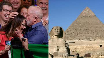 Fotografia do presidente Lula com a primeira-dama Janja, e uma das pirâmides de Gizé, no Egito, com uma esfinge - Getty Images