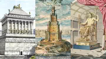 Mausoléu de Halicarnasso, Farol de Alexandria e Estátua de Zeus, três das maravilhas do mundo antigo - Domínio Público via Wikimedia Commons
