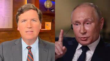 O apresentador Tucker Carlson (à esqu.) e Putin (à dir.) - Reprodução/Vídeo