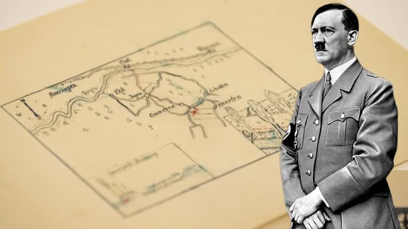 Imagens do mapa do tesouro e de Adolf Hitler, líder nazista - Reprodução/X/@AdalinaAcone / Wikimedia Commons