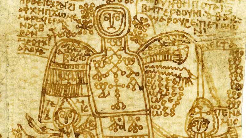 Parte de um papiro com símbolos religiosos do arcanjo Miguel - Divulgação / Instituto de Papirologia, Universidade de Heidelberg