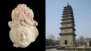 Cabeça de estatueta encontrada na China e exemplo de um pagode budista - Divulgação/Xinhua / Foto por User:Zeus1234 pelo Wikimedia Commons