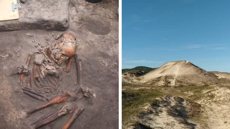 Esqueleto encontrado pela equipe do MAE; à direita, sambaqui do litoral de Santa Catarina - Divulgação