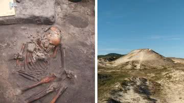 Esqueleto encontrado pela equipe do MAE; à direita, sambaqui do litoral de Santa Catarina - Divulgação