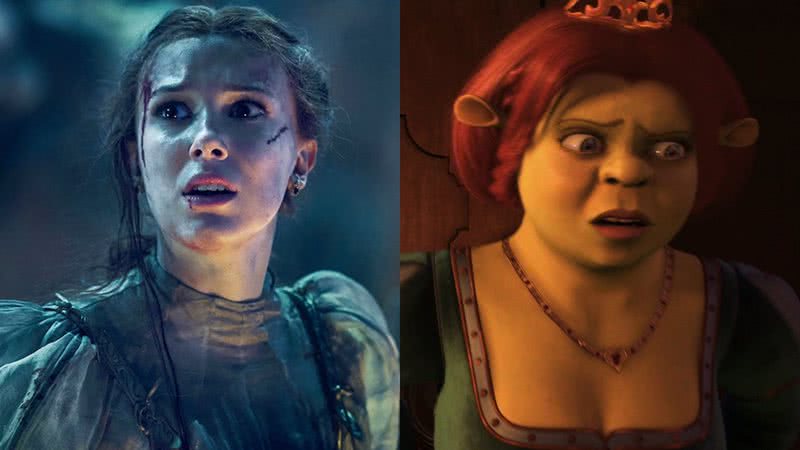 Cena de 'Donzela', novo filme da Netflix, e a princesa Fiona, da franquia 'Shrek' - Divulgação/Netflix / Reprodução/DreamWorks SKG