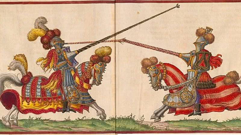 Antiga ilustração de uma justa medieval - Domínio Público via Wikimedia Commons
