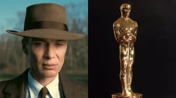 Imagem do filme Oppenheimer (à esqu.) e foto da estatueta do Oscar (à dir.) - Divulgação e Getty Images