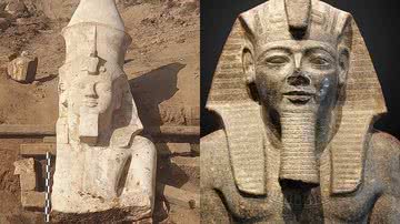 Parte de estátua de Ramsés II descoberta recentemente e busto do antigo faraó - Divulgação/Ministério do Turismo e Antiguidades / Foto por Rama via Wikimedia Commons