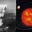 Fotografia da explosão da bomba nuclear em Hiroshima, e imagem ilustrativa do Sistema Solar