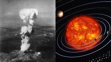 Fotografia da explosão da bomba nuclear em Hiroshima, e imagem ilustrativa do Sistema Solar - Domínio Público via Wikimedia Commons / Imagem de WikiImages pelo Pixabay