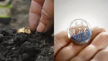 Anel de ouro e amuleto de vidro encontrados na Suécia - Divulgação/Arkeoologerna