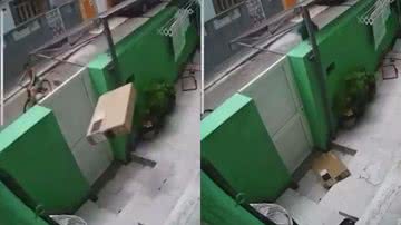 Imagens do momento em que o entregador arremessa a televisão - Reprodução/Vídeo/Redes Sociais/X/@sputnik_brasil