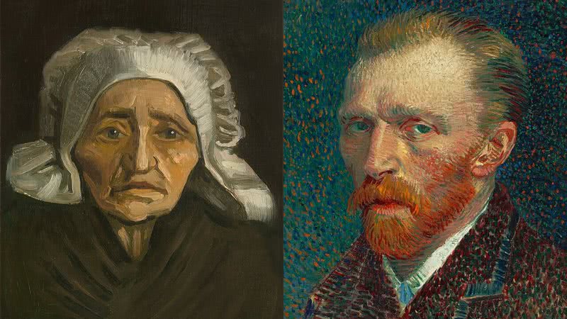 'Tête de paysanne à la coiffe blanche', de Vincent van Gogh, e um autorretrato do artista - Domínio Público via Wikimedia Commons