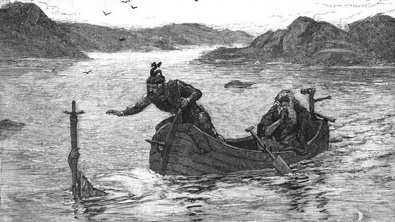 Excalibur sendo ofericida ao Rei Arthur pela Dama do Lago - Domínio Público