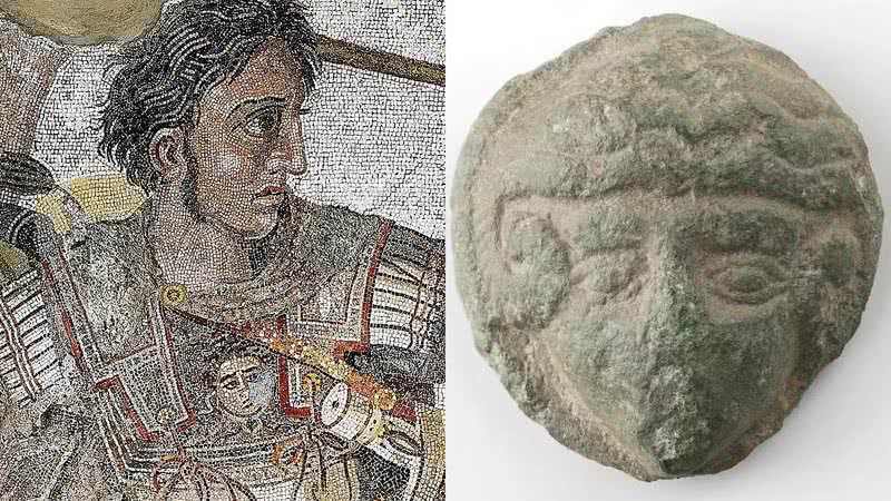 Mosaico retratando Alexandre, o grande e o item encontrado por arqueólogos amadores - Domínio público e Reprodução / Museum Vestsjaelland