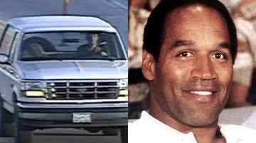 O carro branco do jogador e o próprio O.J. Simpson, que faleceu recentemente - Reprodução / YouTube / Inside Edition e Domínio Público