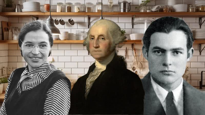 Rosa Parks, George Washington e Ernest Hemingway com cozinha ilustrativa ao fundo - Imagem de stockgiu no Freepik / Domínio Público via Wikimedia Commons