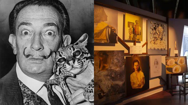 O artista Salvador Dalí e parte da exposição sobre sua vida - Domínio público e Divulgação / FAAP