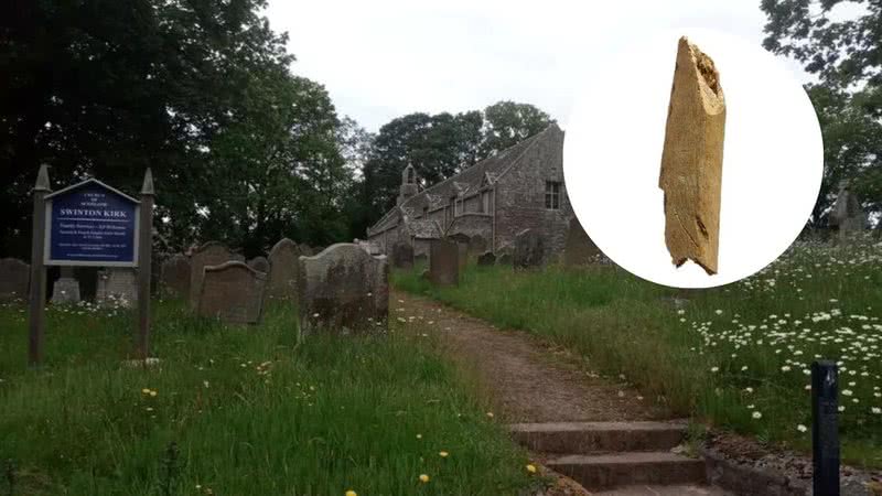 Fotografia de parte da aldeia de Swinton, na Inglaterra, e de fragmento de osso descoberto na região - Divulgação/Border Reivers Archaeology Unit