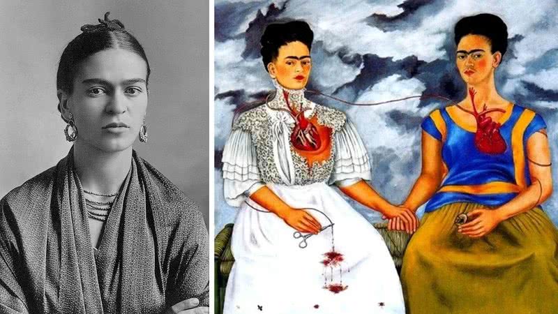 Frida Kahlo em fotografia ao lado de uma de suas obras - Wikimedia Commons/Guillermo Kahlo e Divulgação