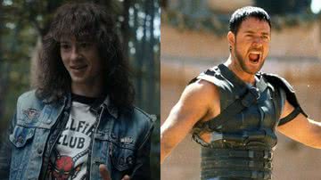 Joseph Quinn em ‘Stranger Things’ e Russel Crowe 'Gladiador' (2000) - Divulgação/Netflix e Divulgação/Universal