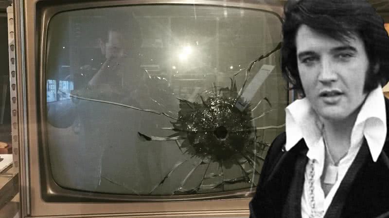 Elvis e a televisão danificada por um tiro - Reprodução/Facebook e Needpix