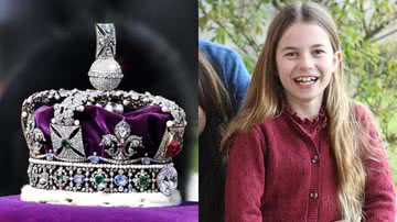 A coroa da rainha Elizabeth (à esqu.) e a princesa Charlotte (à dir.) - Getty Imagens e Divulgação