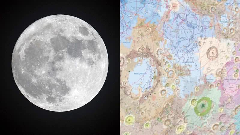 Imagem ilustrativa da Lua e o mapa chinês - Getty Imagens e reprodução / Academia Chinesa de Ciências