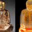Estátua de Buda, e ao lado, a reprodução de como estaria o esqueleto em seu interior