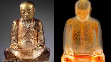 Estátua de Buda, e ao lado, a reprodução de como estaria o esqueleto em seu interior - Divulgação