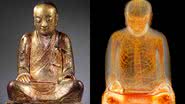 Estátua de Buda, e ao lado, a reprodução de como estaria o esqueleto em seu interior - Divulgação