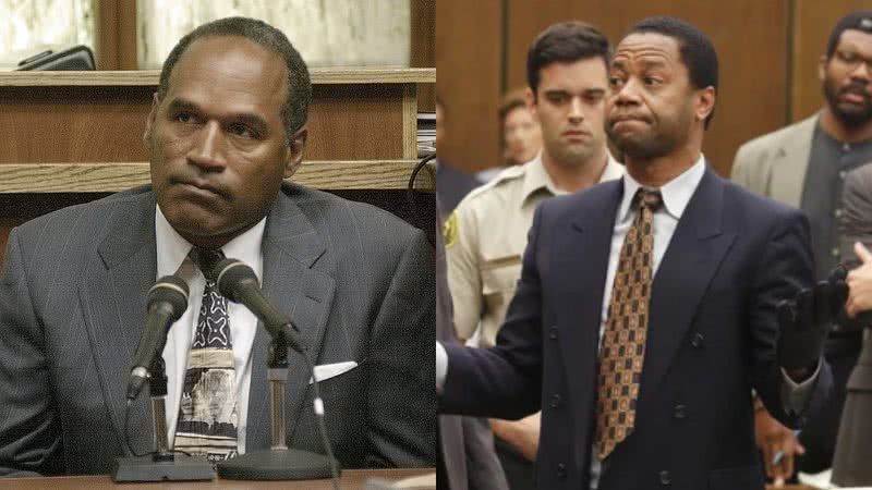 O julgamento de O.J. Simpson (esq.) e sua retratação na série (dir.) - Getty Images e Divulgação/FX