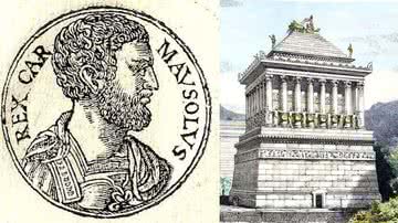 O rei Mausolus e ilustração representando o Mausoléu de Halicarnasso - Wikimedia Commons/Guillaume Rouille/Ferdinand Knab