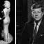Marilyn Monroe no aniversário de John F. Kennedy; à direita, o presidente JFK