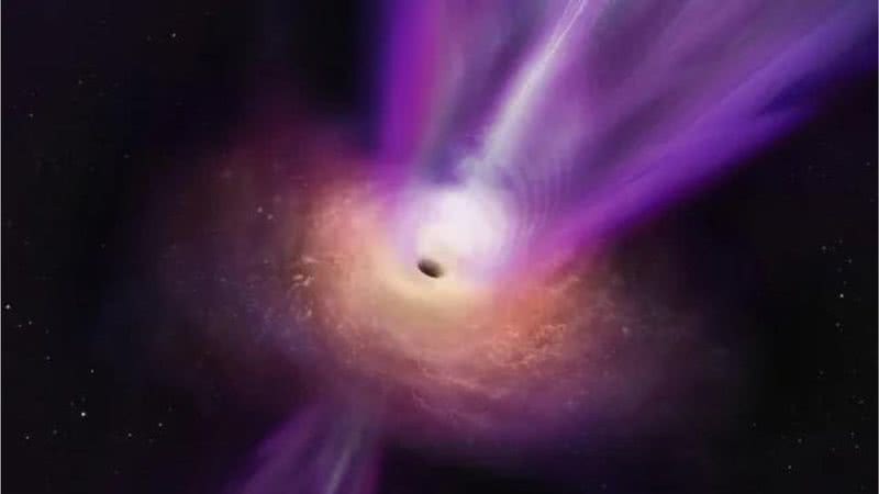 Representação do buraco negro na galáxia M87 e seu poderoso feixe de luz - Divulgação/NRAO