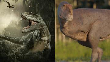Imagem ilustrativa de T-Rex (esq.) e de nova espécie encontrada na Argentina (dir.) - Foto de Willgard, via Pixabay e Reprodução / X / @eldestapeweb