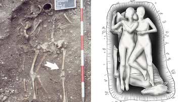 Fotografia da sepultura dos dois esqueletos, e ilustração de como seria o enterro antigamente - Divulgação/Wels City Museum / Divulgação/Journal of Archaeological Science: Reports/Jona Schlegel