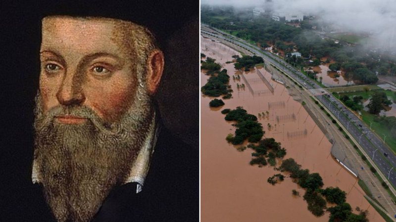Nostradamus e foto da enchente no RS - Domínio Público e Getty Images