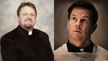 O verdadeiro padre Stu e seu personagem em 'Luta pela Fé', vivido por Mark Wahlberg - Arquivo Pessoal / Reprodução/Sony Pictures